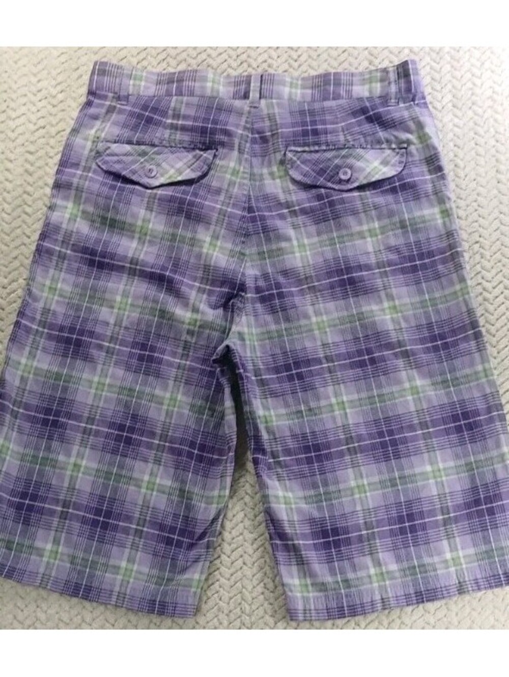 North 15 - Purple Green Plaid Shorts - Size 34 Waist - 14.5 Rise - 13.5 Inseam